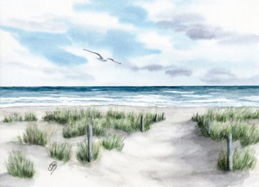 Poster DIN-A3 Strandweg  Aquarell Maritim Kunst Druck Kunstdruck Dänemark Nordsee Ostsee Dünen Meer Strand Sylt